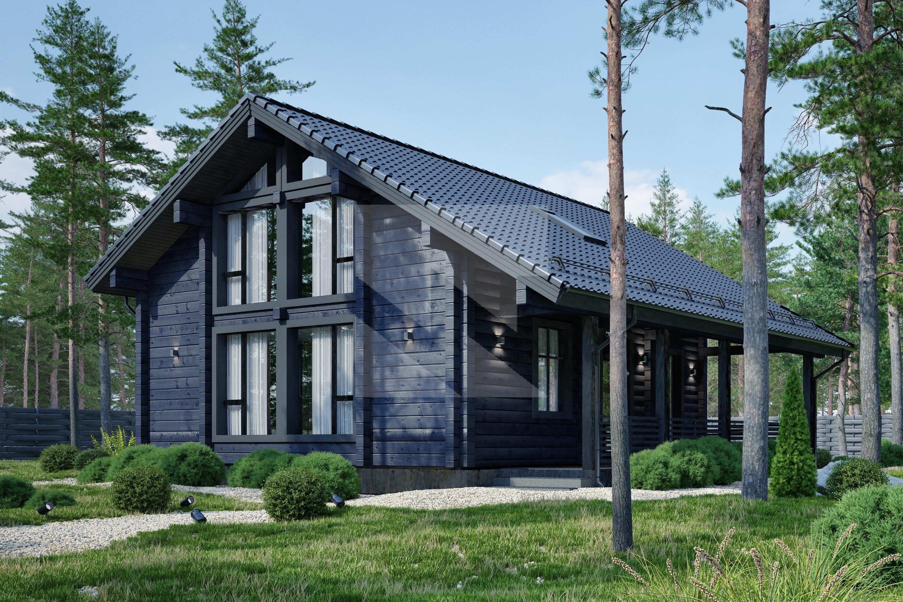 Двухэтажный дом из бруса и бревна в скандинавском стиле.